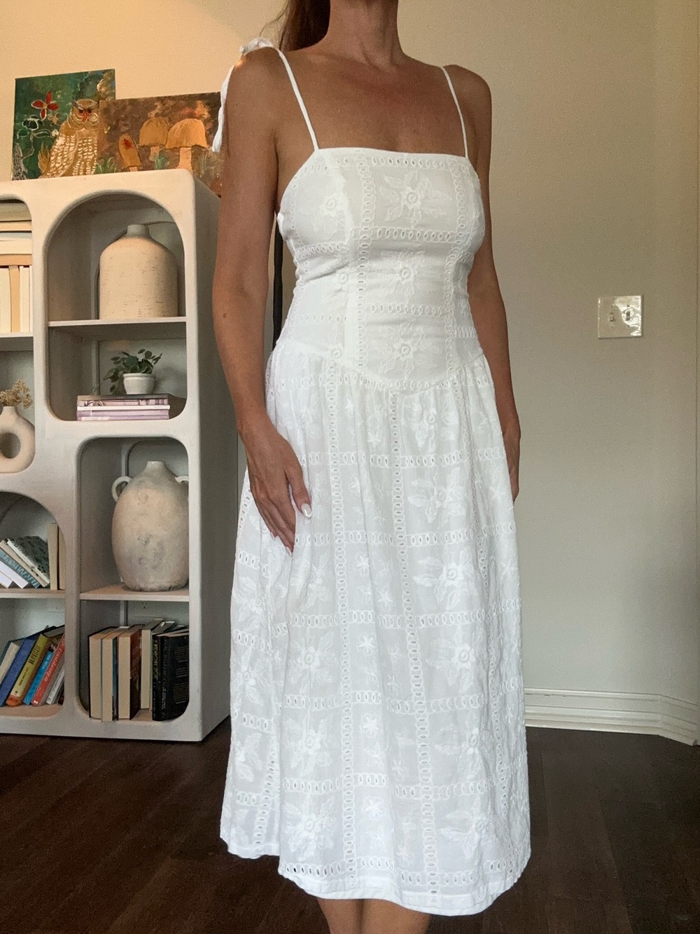 Francesca’s White Eyelet Tie-Shoulder Drop Waisr Sundress